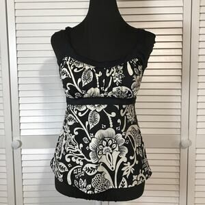 Caribbean Joe Swimwear Y2K Retro Black White Floral Empire Waist Tankini Top 12